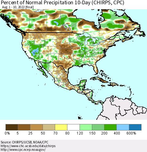 North America Percent of Normal Precipitation 10-Day (CHIRPS) Thematic Map For 8/1/2022 - 8/10/2022