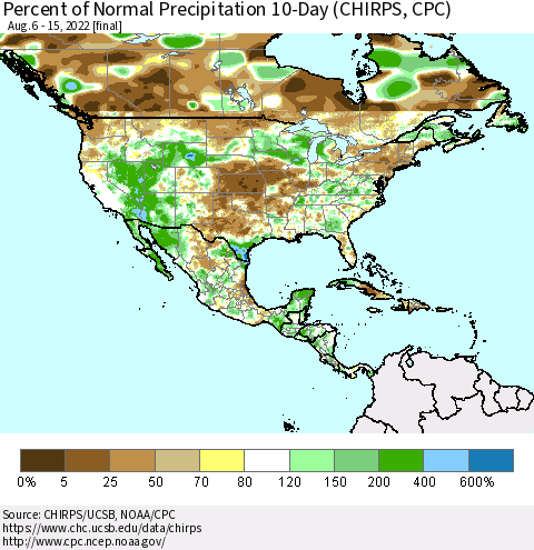 North America Percent of Normal Precipitation 10-Day (CHIRPS) Thematic Map For 8/6/2022 - 8/15/2022