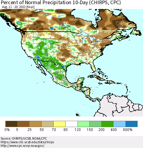 North America Percent of Normal Precipitation 10-Day (CHIRPS) Thematic Map For 8/11/2022 - 8/20/2022