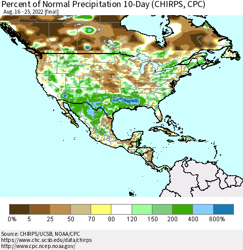 North America Percent of Normal Precipitation 10-Day (CHIRPS) Thematic Map For 8/16/2022 - 8/25/2022