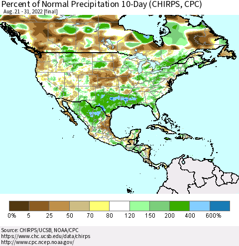 North America Percent of Normal Precipitation 10-Day (CHIRPS) Thematic Map For 8/21/2022 - 8/31/2022