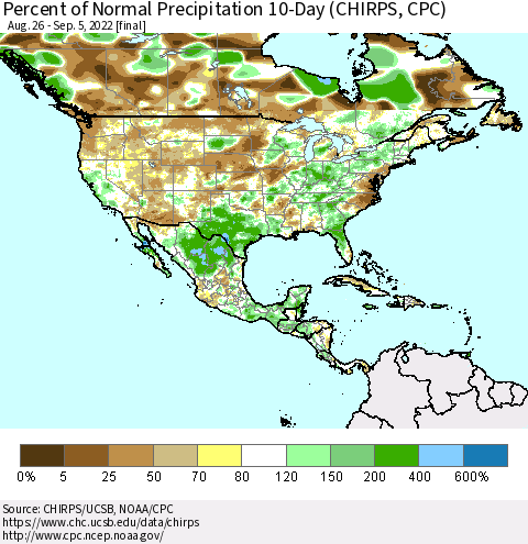 North America Percent of Normal Precipitation 10-Day (CHIRPS) Thematic Map For 8/26/2022 - 9/5/2022