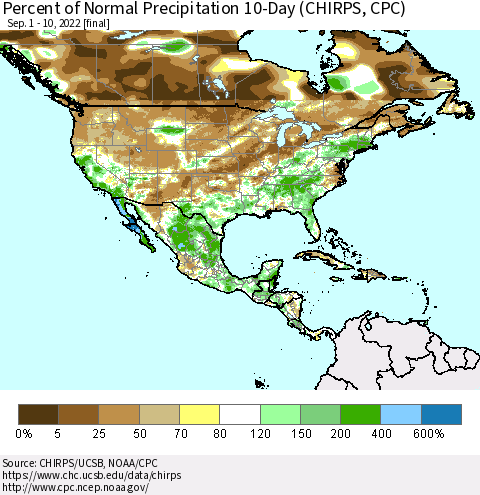 North America Percent of Normal Precipitation 10-Day (CHIRPS) Thematic Map For 9/1/2022 - 9/10/2022