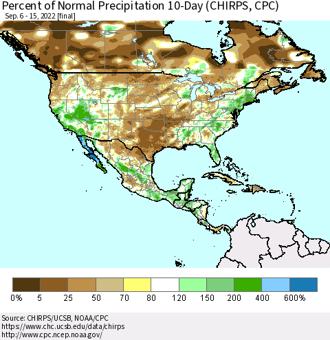 North America Percent of Normal Precipitation 10-Day (CHIRPS) Thematic Map For 9/6/2022 - 9/15/2022