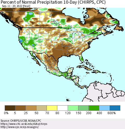 North America Percent of Normal Precipitation 10-Day (CHIRPS) Thematic Map For 9/11/2022 - 9/20/2022
