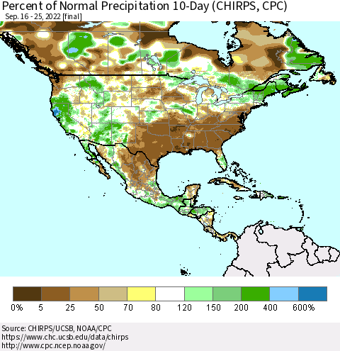 North America Percent of Normal Precipitation 10-Day (CHIRPS) Thematic Map For 9/16/2022 - 9/25/2022