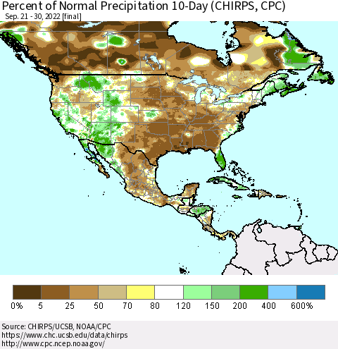 North America Percent of Normal Precipitation 10-Day (CHIRPS) Thematic Map For 9/21/2022 - 9/30/2022