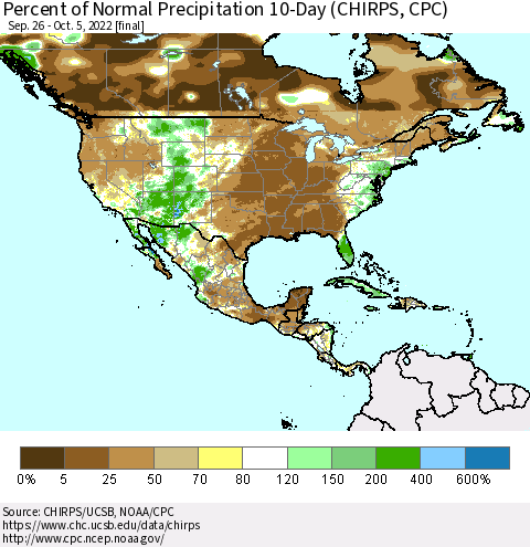North America Percent of Normal Precipitation 10-Day (CHIRPS) Thematic Map For 9/26/2022 - 10/5/2022
