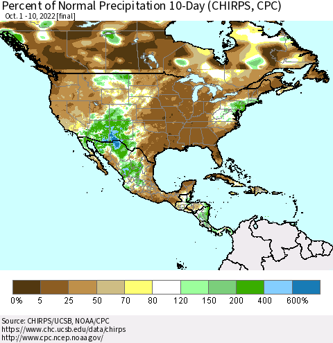 North America Percent of Normal Precipitation 10-Day (CHIRPS) Thematic Map For 10/1/2022 - 10/10/2022