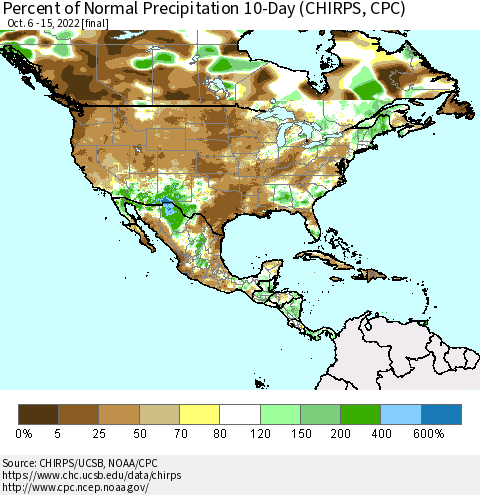 North America Percent of Normal Precipitation 10-Day (CHIRPS) Thematic Map For 10/6/2022 - 10/15/2022