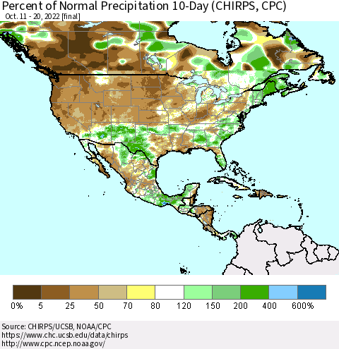 North America Percent of Normal Precipitation 10-Day (CHIRPS) Thematic Map For 10/11/2022 - 10/20/2022