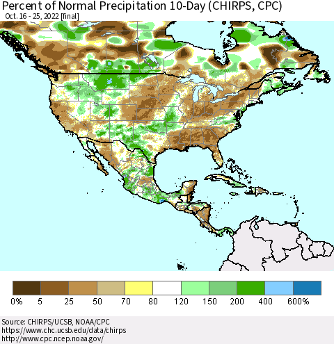 North America Percent of Normal Precipitation 10-Day (CHIRPS) Thematic Map For 10/16/2022 - 10/25/2022