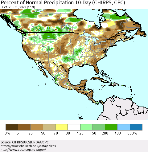 North America Percent of Normal Precipitation 10-Day (CHIRPS) Thematic Map For 10/21/2022 - 10/31/2022