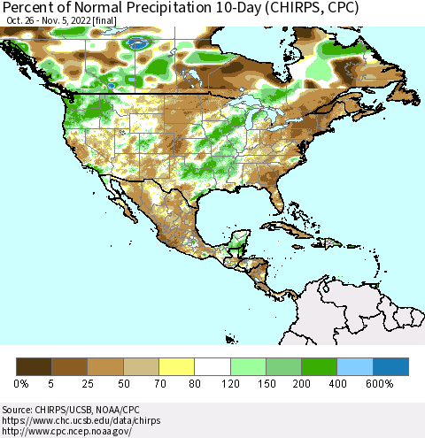 North America Percent of Normal Precipitation 10-Day (CHIRPS) Thematic Map For 10/26/2022 - 11/5/2022