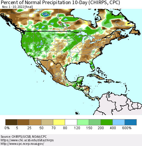 North America Percent of Normal Precipitation 10-Day (CHIRPS) Thematic Map For 11/1/2022 - 11/10/2022