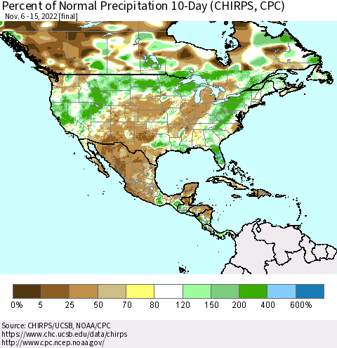North America Percent of Normal Precipitation 10-Day (CHIRPS) Thematic Map For 11/6/2022 - 11/15/2022
