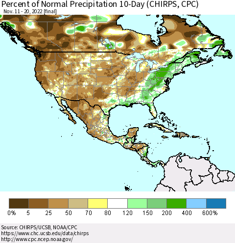 North America Percent of Normal Precipitation 10-Day (CHIRPS) Thematic Map For 11/11/2022 - 11/20/2022