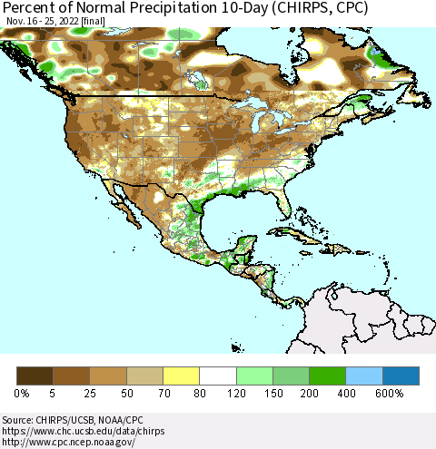 North America Percent of Normal Precipitation 10-Day (CHIRPS) Thematic Map For 11/16/2022 - 11/25/2022