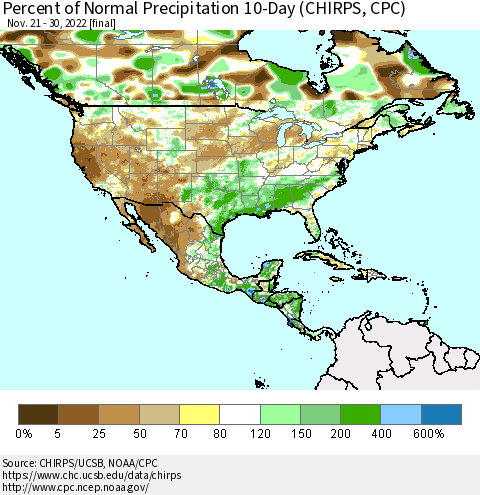 North America Percent of Normal Precipitation 10-Day (CHIRPS) Thematic Map For 11/21/2022 - 11/30/2022