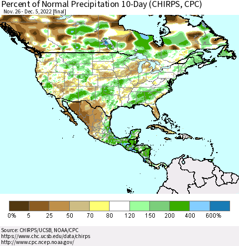 North America Percent of Normal Precipitation 10-Day (CHIRPS) Thematic Map For 11/26/2022 - 12/5/2022