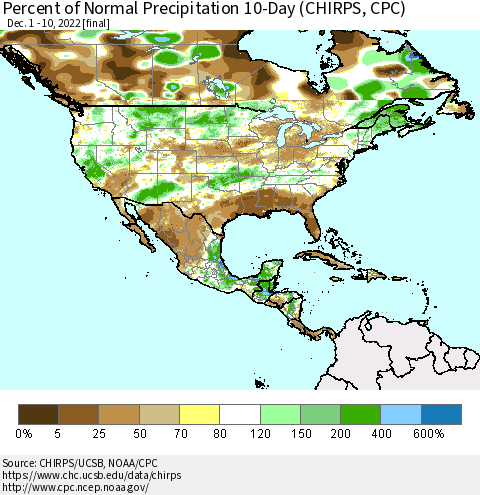 North America Percent of Normal Precipitation 10-Day (CHIRPS) Thematic Map For 12/1/2022 - 12/10/2022