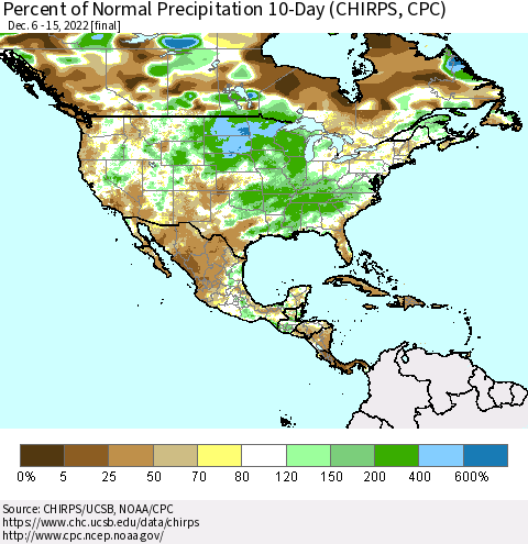 North America Percent of Normal Precipitation 10-Day (CHIRPS) Thematic Map For 12/6/2022 - 12/15/2022