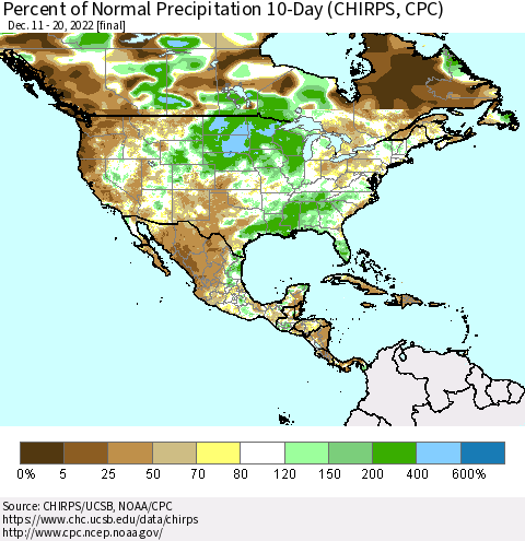 North America Percent of Normal Precipitation 10-Day (CHIRPS) Thematic Map For 12/11/2022 - 12/20/2022