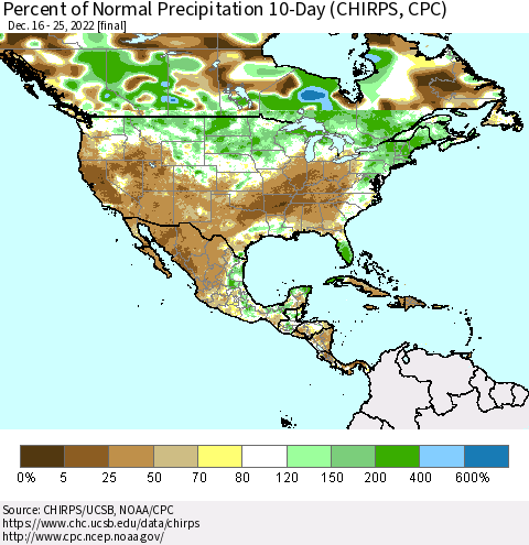 North America Percent of Normal Precipitation 10-Day (CHIRPS) Thematic Map For 12/16/2022 - 12/25/2022