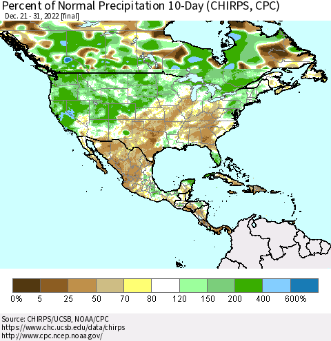 North America Percent of Normal Precipitation 10-Day (CHIRPS) Thematic Map For 12/21/2022 - 12/31/2022