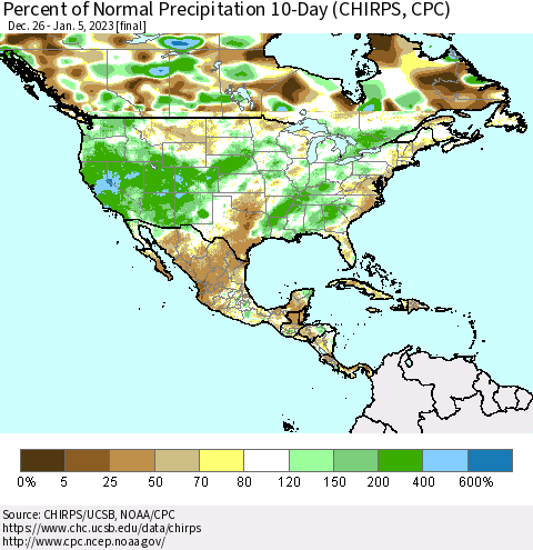 North America Percent of Normal Precipitation 10-Day (CHIRPS) Thematic Map For 12/26/2022 - 1/5/2023