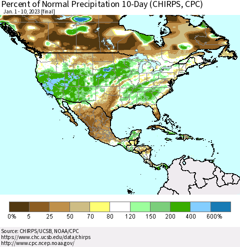 North America Percent of Normal Precipitation 10-Day (CHIRPS) Thematic Map For 1/1/2023 - 1/10/2023