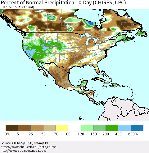 North America Percent of Normal Precipitation 10-Day (CHIRPS) Thematic Map For 1/6/2023 - 1/15/2023