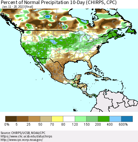 North America Percent of Normal Precipitation 10-Day (CHIRPS) Thematic Map For 1/11/2023 - 1/20/2023