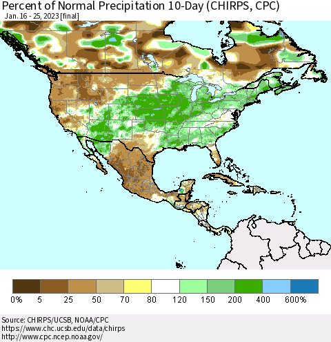 North America Percent of Normal Precipitation 10-Day (CHIRPS) Thematic Map For 1/16/2023 - 1/25/2023