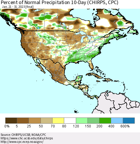 North America Percent of Normal Precipitation 10-Day (CHIRPS) Thematic Map For 1/21/2023 - 1/31/2023