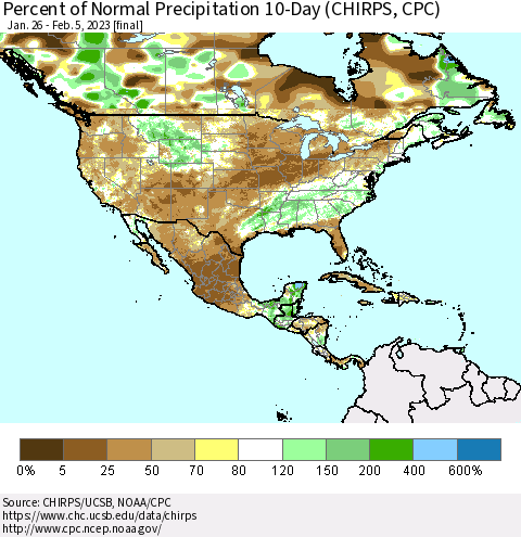 North America Percent of Normal Precipitation 10-Day (CHIRPS) Thematic Map For 1/26/2023 - 2/5/2023