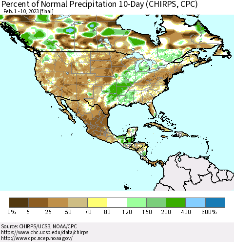 North America Percent of Normal Precipitation 10-Day (CHIRPS) Thematic Map For 2/1/2023 - 2/10/2023