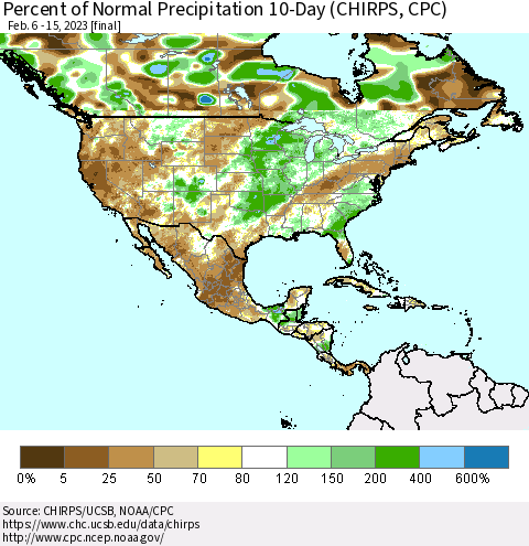 North America Percent of Normal Precipitation 10-Day (CHIRPS) Thematic Map For 2/6/2023 - 2/15/2023