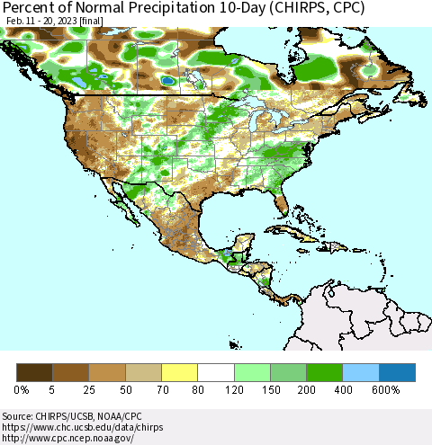 North America Percent of Normal Precipitation 10-Day (CHIRPS) Thematic Map For 2/11/2023 - 2/20/2023