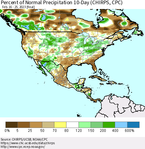 North America Percent of Normal Precipitation 10-Day (CHIRPS) Thematic Map For 2/16/2023 - 2/25/2023