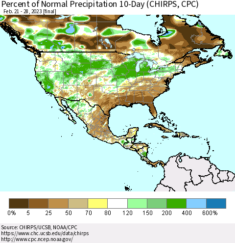 North America Percent of Normal Precipitation 10-Day (CHIRPS) Thematic Map For 2/21/2023 - 2/28/2023