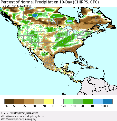 North America Percent of Normal Precipitation 10-Day (CHIRPS) Thematic Map For 2/26/2023 - 3/5/2023