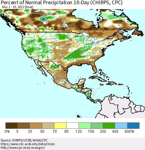 North America Percent of Normal Precipitation 10-Day (CHIRPS) Thematic Map For 3/1/2023 - 3/10/2023
