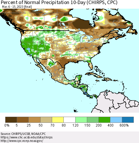 North America Percent of Normal Precipitation 10-Day (CHIRPS) Thematic Map For 3/6/2023 - 3/15/2023