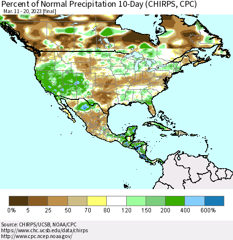 North America Percent of Normal Precipitation 10-Day (CHIRPS) Thematic Map For 3/11/2023 - 3/20/2023