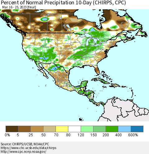 North America Percent of Normal Precipitation 10-Day (CHIRPS) Thematic Map For 3/16/2023 - 3/25/2023