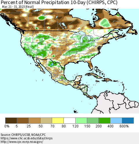North America Percent of Normal Precipitation 10-Day (CHIRPS) Thematic Map For 3/21/2023 - 3/31/2023