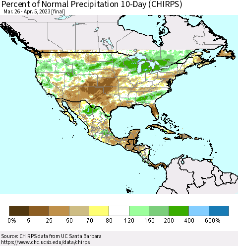 North America Percent of Normal Precipitation 10-Day (CHIRPS) Thematic Map For 3/26/2023 - 4/5/2023