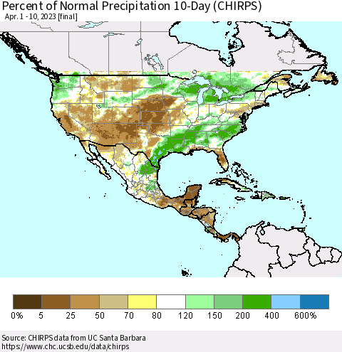 North America Percent of Normal Precipitation 10-Day (CHIRPS) Thematic Map For 4/1/2023 - 4/10/2023