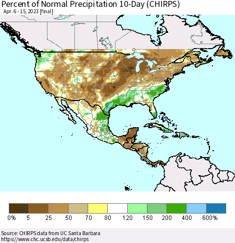 North America Percent of Normal Precipitation 10-Day (CHIRPS) Thematic Map For 4/6/2023 - 4/15/2023